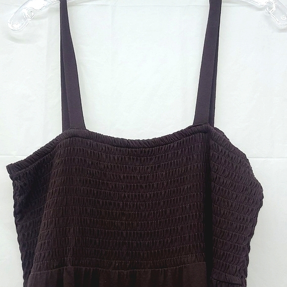 Nap House Dress Shirred Bodice Long Calf Length Dark Brown Shift Style Milkmaid - Picture 6 of 8